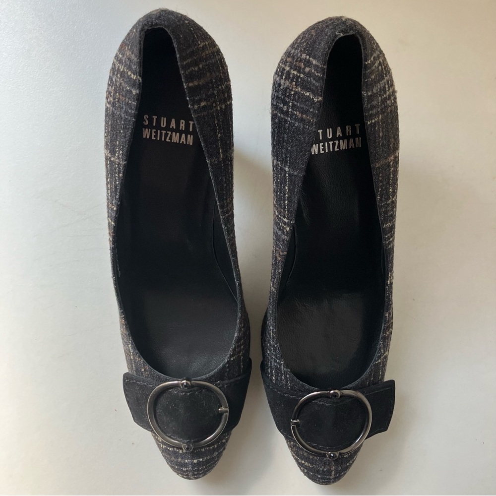 Stuart Weitzman Buckleup Tattersall Pump Blue Plaid Check Upper Velvet Leather